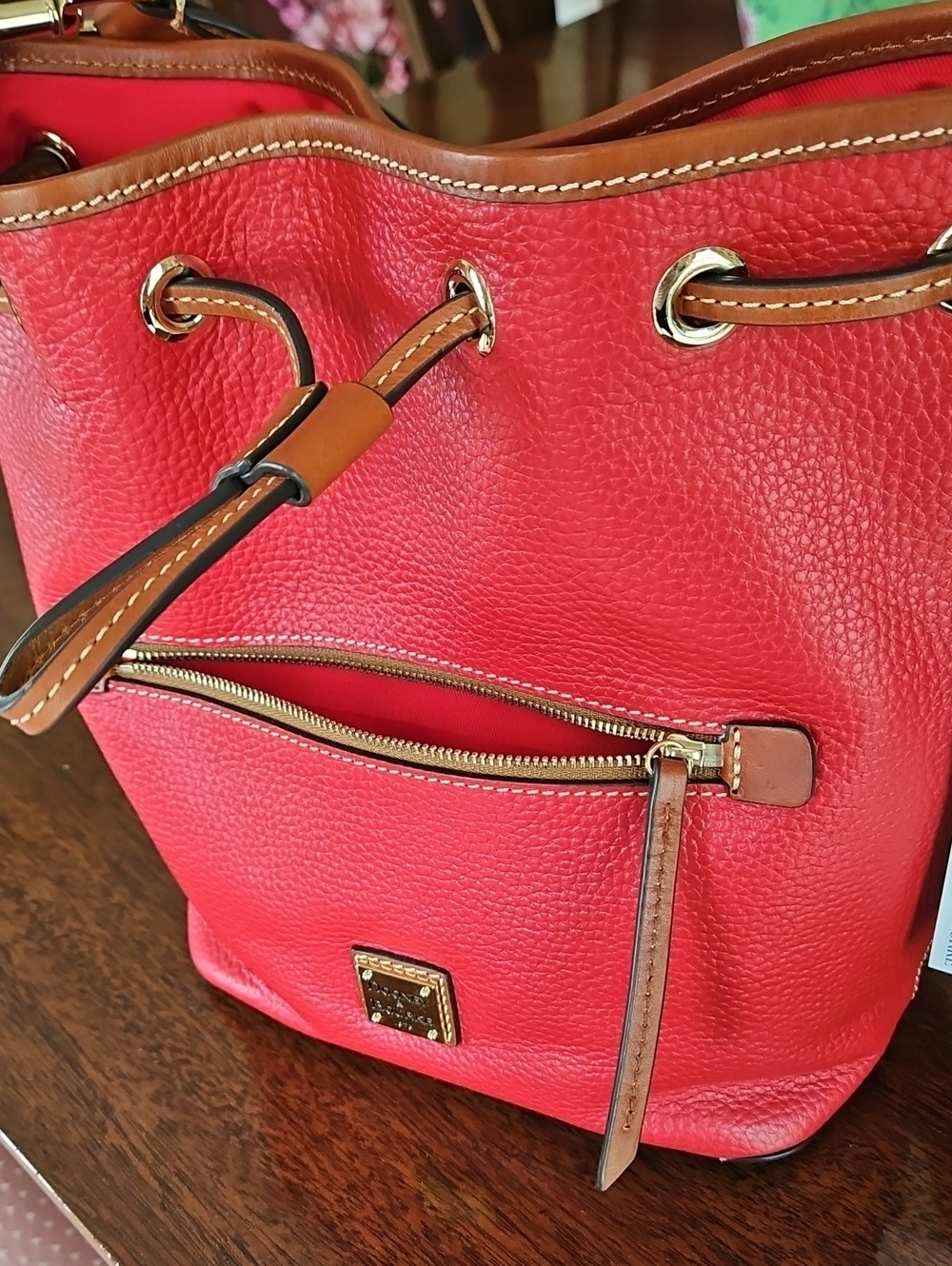 Dooney & Bourke Red Pebble Leather Drawstring Shoulder Bag - Picture 6 of 16